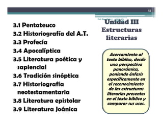 11

                              Prof. Miguel Neira J.   Introd. a la
                                                      Biblia - IBN


3.1 P t t
3 1 Pentateuco
                                   Estructuras
3.2 Historiografía del A.T.
                                    literarias
3.3 Profecía
3.4 Apocalíptica                            Acercamiento al
3.5 Literatura poética y                  texto bíblico, desde
                                            una perspectiva
  sapiencial                                  p
                                              panorámica,  ,
3.6 Tradición sinóptica                     poniendo énfasis
                                          específicamente en
            g
3.7 Historiografía                         el reconocimiento
                                           de las estructuras
  neotestamentaria                        literarias presentes
                                          en el texto bíblico y
3.8 Literatura epistolar                  comparar s s usos.
                                                      sus s s
3.9 Literatura Joánica
 