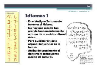 20

                                  Prof. Miguel Neira J.   Introd. a la Biblia - IBN




Idiomas I
• En el Antiguo Testamento
  tenemos el Hebreo.
• No hay una mezcla tan
  g
  grande fundamentalmente
  a causa de la matriz cultural
  única.
• Pero pueden revisarse
  algunas influencias en la
  forma.
• Atribuido usualmente al
  destierro y consiguiente
  mezcla de culturas.
 