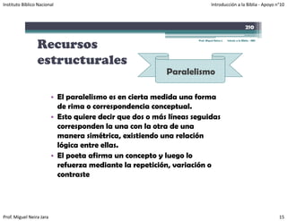 Instituto Bíblico Nacional                                                    Introducción a la Biblia ‐ Apoyo n°10



                                                                                                            210


                 Recursos
                                                                    Prof. Miguel Neira J.   Introd. a la Biblia - IBN




                 estructurales
                                                           Paralelismo

                          • El paralelismo es en cierta medida una forma
                            de rima o correspondencia conceptual.
                          • Esto quiere decir que dos o más líneas seguidas
                            corresponden la una con la otra de una
                            manera simétrica, existiendo una relación
                            lógica entre ellas.
                              g
                          • El poeta afirma un concepto y luego lo
                            refuerza mediante la repetición, variación o
                            contraste




Prof. Miguel Neira Jara                                                                                                 15
 