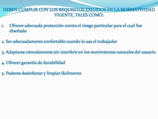 DEBEN CUMPLIR CON LOS REQUISITOS EXIGIDOS EN LA NORMATIVIDAD VIGENTE, TALES COMO:Ofrecer adecuada protección contra el riesgo particular para el cual fue diseñado2. Ser adecuadamente confortable cuando lo usa el trabajador3. Adaptarse cómodamente sin interferir en los movimientos naturales del usuario4. Ofrecer garantía de durabilidad5. Poderse desinfectar y limpiar fácilmente