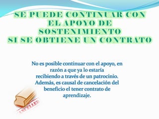 No es posible continuar con el apoyo, en
        razón a que ya lo estaría
 recibiendo a través de un patrocinio.
 Además, es causal de cancelación del
     beneficio el tener contrato de
              aprendizaje.
 