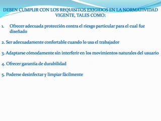 DEBEN CUMPLIR CON LOS REQUISITOS EXIGIDOS EN LA NORMATIVIDAD
                     VIGENTE, TALES COMO:

1.   Ofrecer adecuada protección contra el riesgo particular para el cual fue
     diseñado

2. Ser adecuadamente confortable cuando lo usa el trabajador

3. Adaptarse cómodamente sin interferir en los movimientos naturales del usuario

4. Ofrecer garantía de durabilidad

5. Poderse desinfectar y limpiar fácilmente
 