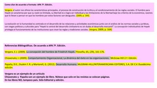 Como citar de acuerdo a Formato APA 7ª. Edición.
Vergara, el autor nos ofrece las características principales, el proceso de construcción de la ética y el condicionamiento de las reglas sociales. El hombre para
Hayek se caracteriza por que su razón es limitada, su libertad es o logra ser individual y las limitaciones de la libertad bajo los criterios de la económica, razones
que lo llevan a pensar en que los hombres por estos factores son desiguales. (2009, p. 164).
La evolución en la humanidad es centrada en el desarrollo de las relaciones y actividades económicas junto con el análisis de las normas sociales y jurídicas,
con rasgos políticos y culturales para “Hayek lo central del desarrollo civilizatorio es sin dudas el desarrollo mercantil”. La concepción individualista de Hayek
privilegia el funcionamiento de las instituciones que crean las reglas y tradiciones sociales. (Vergara, 2009, p. 164)
Referencias Bibliográficas. De acuerdo a APA 7ª. Edición.
Vergara, E.J. (2009). La concepción del hombre de Friedrich Hayek. Filosofía, 65, (29), 161-176.
Chiavenato, I. (2009). Comportamiento Organizacional, La dinámica del éxito en las organizaciones. McGraw-Hill 2.ª. Edición.
Papalia, D.E.; Duskin F. R. y Martorell, G. (2012). Desarrollo Humano. McGRAW-HILL/INTERAMERICANA EDITORES, S.A. DE C.V. Duodécima
edición.
Vergara es un ejemplo de un artículo
Chiavenato y Papalia son un ejemplo de libro. Nótese que solo en las revistas se colocan páginas.
En los libros NO, tampoco país. Sólo Editorial y edición.
 