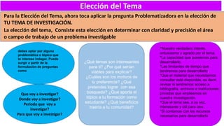 Elección del Tema
La elección del tema, Consiste esta elección en determinar con claridad y precisión el área
o campo de trabajo de un problema investigable
¿Qué temas son interesantes
para ti? ¿Por qué serían
viables para explicar?
¿Cuáles son los motivos de
tu preferencia? ¿Qué
pretendes lograr con esa
búsqueda? ¿Qué aporta el
tópico a tu formación como
estudiante? ¿Qué beneficios
traería a tu comunidad?
debes optar por alguna
problemática o tópico que
te interese indagar. Puede
surgir a partir de la
formulación de preguntas
como
*Nuestro verdadero interés,
entusiasmo y agrado por el tema.
*La capacidad que poseemos para
desarrollarlo.
*Las limitantes de tiempo que
tendremos para desarrollarlo.
*Que el material que necesitamos
consultar esté disponible, es decir,
revisar si tendremos acceso a
bibliografía, archivos e instituciones
privadas que empleemos en
nuestra investigación.
*Que el tema sea, a su vez,
interesante y útil para otro.
*Si contamos con los recursos
necesarios para desarrollarlo
Que voy a investigar?
Donde voy a investigar?
Periodo que voy a
investigar?
Para que voy a investigar?
Para la Elección del Tema, ahora toca aplicar la pregunta Problematizadora en la elección de
TU TEMA DE INVESTIGACIÓN.
 