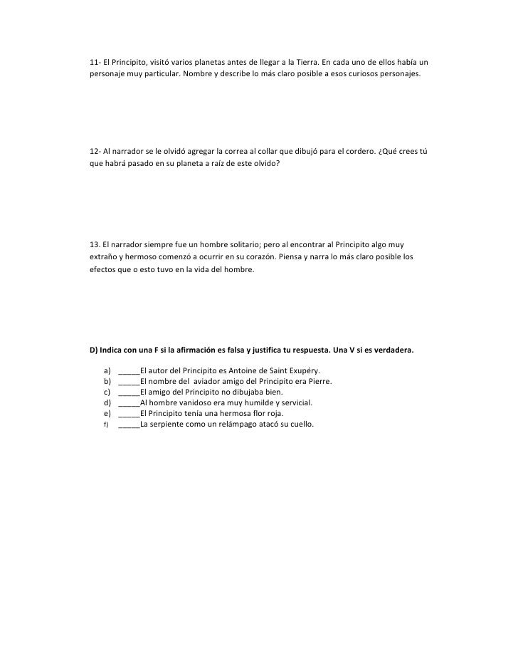 preguntas de comprension del principito apoyo educativo prueba el principito preguntas de comprension del principito apoyo educativo prueba el principito