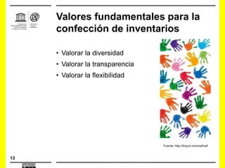 13
Valores fundamentales para la
confección de inventarios
• Valorar la diversidad
• Valorar la transparencia
• Valorar la flexibilidad
Fuente: http://tinyurl.com/oa5vef
 
