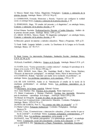 1) Marcos Daniel Arias Ochoa. Diagnóstico Pedagógico. Contexto y valoración de la
práctica docente. Antología Básica .UPN LE 94.p 42.
2) CEMBRANOS, Fernando, Montesinos y Bustelo, “Aspectos que configuran la realidad
social, en antología básica, Contexto y valoración de la práctica docente. p. 20.
3) ZEMELMAN, Hugo, “El estudio del presente y el diagnóstico”, en antología básica,
Contexto y valoración de la práctica docente. p. I0.
4) José Gimeno Sacristán. Profesionalización Docente y Cambio Educativo. Análisis de
la práctica docente propia. Antología Básica. UPN. p.193.
(5) ARIAS OCHOA, Marcos Daniel, “El diagnóstico pedagógico”, en antología básica,
Contexto y valoración de la práctica docente. p. 40.
6) Dirección general de materias y métodos educativos. Planes y Programas. SEP. p.25.
7) Frank Smith. Lenguaje hablado y escrito. La Enseñanza de la Lengua en la Escuela.
Antología Básica. LE’ 94. P.17.
9) René Loreau. La intervención Pedagógica. Institución Escolar. Antología Básica.
U.P.N. LE 94. p.39.
10) Krech, Crutchfield y Ballachey. Grupos en la Escuela. Antología Básica.U.P.N. p.9.
11) TUSÓN, Jesús. “Teorías gramaticales y análisis sintáctico”. Antología: El aprendizaje de la
lengua en la escuela. U.P.N. México 1995 pág. 17
12) RÍOS DURAN Jesús Eliseo, Ma. Guadalupe Bonfil y María Teresa Martínez,
“Proyecto de innovación pedagógica”, en antología básica, Hacia la innovación.p.88
(13) CHARNAY, Roland, “Aprender por medio de la resolución de problemas”, en
antología básica, Los problemas matemáticos en la enseñanza. 1994, p. 30
(14) DE LOS SANTOS, Azalea et al. “Introducción al estudio de la teoría de la
enseñanza problemática”, en antología básica, Los problemas matemáticos en la
escuela. p. 39.
15) Diccionario de la lengua española. Editorial Océano.
16) J. Jesús Martínez Diaz. Prácticas de la ortografía. Rame impresores.p.7.
17) Mabel Condemarín y Mariana Chadwick. Escritura fase intermedia. Alternativas
para la enseñanza – aprendizaje de la lengua….Antología básica.UPN.p.180.
18) Manual de Ortografía. El grado de cultura de una persona.P,6.
19) César Cool. Constructivismo e intervención Educativa. Corrientes Pedagógicas.
Antología Básica. UPN.LE`94 p.15.
20) PEÑA DE GARCÍA, Prof. S., “No cometas más faltas de ortografía”. p. 22
21) Michel Lobrot. Pedagogía Institucional. Corrientes Pedagógicas. Antología
Básica.p.70.
22) COLL, César, “Constructivismo e intervención educativa; ¿Cómo enseñar lo que se
ha de construir?”, en antología básica, Corrientes pedagógicas contemporáneas. p.9
23) AERLI, Hans, Los problemas matemáticos en la escuela. p. 48
24) PIAGET, Jean, “El método psicogenético y la epistemología genética”, en antología
básica, Construcción social del conocimiento y teorías de la educación. p. 110
(25) LABIOWICZ, ED, “Introducción a Piaget, Pensamiento, Aprendizaje Enseñanza”.
p. 169
 