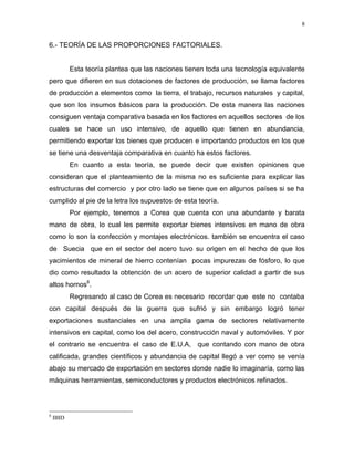 8
6.- TEORÍA DE LAS PROPORCIONES FACTORIALES.
Esta teoría plantea que las naciones tienen toda una tecnología equivalente
pero que difieren en sus dotaciones de factores de producción, se llama factores
de producción a elementos como la tierra, el trabajo, recursos naturales y capital,
que son los insumos básicos para la producción. De esta manera las naciones
consiguen ventaja comparativa basada en los factores en aquellos sectores de los
cuales se hace un uso intensivo, de aquello que tienen en abundancia,
permitiendo exportar los bienes que producen e importando productos en los que
se tiene una desventaja comparativa en cuanto ha estos factores.
En cuanto a esta teoría, se puede decir que existen opiniones que
consideran que el planteamiento de la misma no es suficiente para explicar las
estructuras del comercio y por otro lado se tiene que en algunos países si se ha
cumplido al pie de la letra los supuestos de esta teoría.
Por ejemplo, tenemos a Corea que cuenta con una abundante y barata
mano de obra, lo cual les permite exportar bienes intensivos en mano de obra
como lo son la confección y montajes electrónicos. también se encuentra el caso
de Suecia que en el sector del acero tuvo su origen en el hecho de que los
yacimientos de mineral de hierro contenían pocas impurezas de fósforo, lo que
dio como resultado la obtención de un acero de superior calidad a partir de sus
altos hornos8
.
Regresando al caso de Corea es necesario recordar que este no contaba
con capital después de la guerra que sufrió y sin embargo logró tener
exportaciones sustanciales en una amplia gama de sectores relativamente
intensivos en capital, como los del acero, construcción naval y automóviles. Y por
el contrario se encuentra el caso de E.U.A, que contando con mano de obra
calificada, grandes científicos y abundancia de capital llegó a ver como se venía
abajo su mercado de exportación en sectores donde nadie lo imaginaría, como las
máquinas herramientas, semiconductores y productos electrónicos refinados.
8
IBID
 