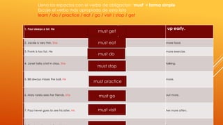 Llena los espacios con el verbo de obligacion ‘must’ + forma simple 
Escoje el verbo más apropiado de esta lista 
learn / do / practice / eat / go / visit / stop / get 
1. Paul sleeps a lot. He up early. 
must get 
must eat 
2. Jackie is very thin. She more food. 
3. Frank is too fat. He more exercise. 
must do 
4. Janet talks a lot in class. She talking. 
must stop 
5. Bill always misses the ball. He more. 
must practice 
6. Mary rarely sees her friends. She out more. 
must go 
must visit 
7. Paul never goes to see his sister. He her more often. 
8. Tim doesn’t speak Spanish. He it. 
 