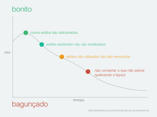 bonito
novos estilos são adicionados
bagunçado
estilos existentes não são reutilizados
estilos não utilizados não são removidos
não consertar o que não estiver
quebrando o layout
css
tempo
https://speakerdeck.com/winston/wah-lau-css-can-be-tested-too
 