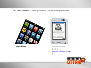 INTERNET MOBILE:  Principalmente 2 attività complementari   Applicazioni Siti Web Mobile (vedi la  presentazione sul tema ) 