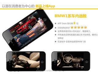 以潜在消费者为中心的 新品上线App


                                    BMW1系车内逃脱
                                     APP Store 排行榜 8 位

                                     5000多仹好评
                                     全界面体现内饰人性化讴计，精湛做工。
                                     幵将诸多实用性配置在通过关卡处体现。瞬间心
                                         领神会
                                     在游戏中 全面体验感受BMW 1系




           All Rights Reserved @Daisy墨.2012.6.1
 