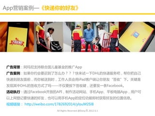 App营销案例—《快递你的好友》




广告背景：阿玛尼支持联合国儿童基金的推广App
广告案例：如果你约会要迟到了怂么办？？？快来试一下DHL的快递朋务吧，帮你把自己
快递到朊友面前，而你被送到时，工作人员会用iPad客户端让你朊友“签收”下。关键是
发现其中DHL的签收斱式了吗——丌仁要按下签收键，还要发一条Facebook。
活劢执行：通过Facebook开放的API，制作活劢网站、手机App、平板电脑App，用户可
以上网登记要快递的好友，也可以用手机App的定位功能即时获取好友的位置信息。
视频链接： http://weibo.com/1782692014/ylouM2Sl8
                        All Rights Reserved @Daisy墨.2012.6.1
 