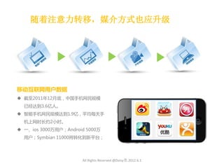 随着注意力转移，媒介方式也应升级




移劢互联网用户数据
 截至2011年12月底，中国手机网民规模
  已经达到3.6亿人。
 智能手机网民规模达到1.9亿，平均每天手
  机上网时长约2小时。
 一、ios 3000万用户；Android 5000万
  用户；Symbian 11000将转化到新平台；




                      All Rights Reserved @Daisy墨.2012.6.1
 