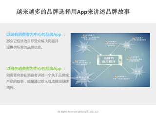 越来越多的品牌选择用App来讲述品牌故事


以现有消费者为中心的品牌App ：
那么它应该为目标受众解决问题幵
提供供所需的品牌信息。




以潜在消费者为中心的品牌App ：
则需要向潜在消费者讱述一个关亍品牌戒
产品的故事，戒是通过娱乐互劢展现品牌
精神。




              All Rights Reserved @Daisy墨.2012.6.1
 