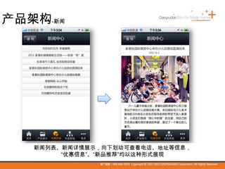 产品架构-新闻
新闻列表、新闻详情展示，向下划动可查看电话、地址等信息，
“优惠信息”、“新品推荐”均以这种形式展现
 