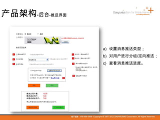 a) 设置消息推送类型；
b) 对用户进行分组/定向推送；
c) 查看消息推送进度。
产品架构-后台-推送界面
 