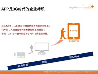 APP是3G时代的企业标识
过往100年，人们通过印刷品获取各类资讯和信息；
10年前，人们通过各种屏幕获取信息和服务；
今天，人们已习惯享用贴身（APP）的服务体验。
 