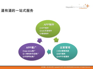 APP制作
①APP制作
②web页面制作
③海报制作
运营管理
①后台管理系统
②运行服务
③APP升级服务
APP推广
①app store推广
②二维码的印品推广
③问答网站推广
道有道的一站式服务
 
