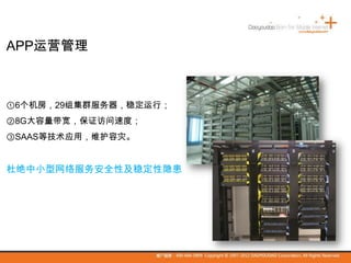APP运营管理
①6个机房，29组集群服务器，稳定运行；
②8G大容量带宽，保证访问速度；
③SAAS等技术应用，维护容灾。
杜绝中小型网络服务安全性及稳定性隐患
 