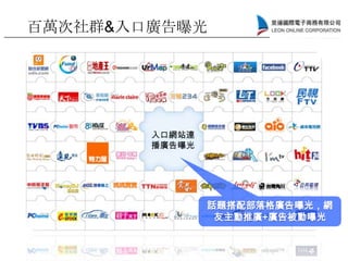 入口網站連
播廣告曝光
話題搭配部落格廣告曝光，網
友主動推廣+廣告被動曝光
百萬次社群&入口廣告曝光
 