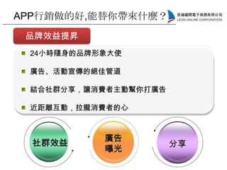 APP行銷做的好,能替你帶來什麼？
分享
廣告
曝光
社群效益
品牌效益提昇
24小時隨身的品牌形象大使
廣告、活動宣傳的絕佳管道
結合社群分享，讓消費者主動幫你打廣告
近距離互動，拉攏消費者的心
 