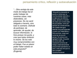 pensamiento crítico, reflexión y autoevaluación
“…Otra ventaja de este
modo de trabajo fue el
poder trabajar de
nuestras casas, más
distendidos, sin
presiones. No me sentí
obligada a hacerlo, sino
todo lo contrario. Disfruté
de participar, de
aprender, de ayudar, de
buscar información, lo
hice porque me gusta, y
creo que todos sintieron
lo mismo. Se los notó
muy comprometidos con
el trabajo. Fue un placer
poder haber estado en
este proyecto!!“
(Eugenia)

 