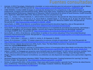 Fuentes consultadas
•
•

•
•
•
•
•
•
•
•
•
•
•
•
•

Andrada, A (2012) Tecnología, Globalización y Sociedad: un marco productivo para (re) estructurar la educación actual. México
DF: Memorias CIAMTE 2012 Recuperado de: https://www.dropbox.com/s/0rs0yjpteim5ea9/Libro_CIAMTE2012.pdf
COBO ROMANÍ, Cristóbal (2009) Strategies to promote the development of e-competences in the next generation of
professionals: European and International trends. SKOPE Issues Paper Series. Published at the ESRC Centre on Skills, Knowledge
and Organisational Performance, Department of Education, Oxford University & the School of Social Sciences, Cardiff University.
N°13, September 2009 [ISSN 1466-1535]. Retrieved from http://e-competencies.org/
Cobo, J. C., Scolari, C. & Pardo Kuklinski, H.. (2012) Outliers School Educación. Recuperado de: http://www.outliersschool.net/
Farré, I. L., Cruz Sánchez, I., García Lutz, G. A., García Redín A., Gottlieb Sabah, Y., San Nicolás, M. B., & Ugaz, M. (2013) “Outliers
School, una experiencia de transaprendizaje” [archivo de video]. México DF: Memorias CIAMTE 2013. Recuperado de:
Recuperado de: http://www.youtube.com/watch?v=34jURK_uWM0
García Redín, A. (2004, 19 de febrero). La enseñanza transversal [portal educativo] Argentina, educ.ar Recuperado de
http://portal.educ.ar/debates/educacionytic/nuevos-alfabetismos/la-ensenanza-transversal.php
García Redín, A. (2012) Arquitectura de trabajo interdisciplinario en la modalidad de aprendizaje por proyectos. Aprendizaje y
mediación pedagógicas con tecnologías digitales, memoria del Congreso iberoamericano de aprendizaje mediado por
tecnología (CIAMTE) 2012. Recuperado de: https://www.dropbox.com/s/ebcdez4vx4dpnlg/LibroCIAMTE_2012.pdf
García Redín, A. (2013, 19 de febrero) ¿Cómo liderar el cambio en los centros educativos? [Foro Comunidad Educativa]
Encuentro Internacional de Educación. Recuperado en: http://encuentro.educared.org/group/foro-comunidad-educativa-tema6/page/alejandra-garcia-redin
García, I., Peña-López, I., Johnson, L., Smith, R., Levine, A., & Haywood, K. (2010).
Guitert, M. & Giménez, F. (2000). “El trabajo cooperativo en entornos virtuales de aprendizaje” [en línea] Recuperado de:
http://www.slideshare.net/trinisanchezperez/herramientas-para-el-aprendizaje-colaborativo-virtual-en-la-educacion-superior
Informe Horizon: Edición Iberoamericana 2010. Austin, Texas: The New Media Consortium. Recuperado de:
www.nmc.org/pdf/2010-Horizon-Report-es.pdf
Jenkins, H. (2010, 8 de febrero). Learning in a Participatory Culture: A Conversation About New Media and Education (Part One)
[Weblog]. Recuperado el 20 de octubre de 2012 de: http://henryjenkins.org/2010/02/_children_and_young_people.html
Jolibert, J (2009) “La Pedagogía por proyectos como trampolín para los aprendizajes” en LEO, Lectura, escritura, oralidad. Tomo
1. Red Latinoamericana para la Transformación de la Formación Docente en Lenguaje. México, Grupo Noriega Editores.
Maggio, Mariana (2012) Enriquecer la Enseñanza. Los ambientes con alta disposición tecnológica como oportunidad. Argentina,
Ed. Paidos
Northwest Regional Educational Laboratory (2002) “Project-Based Instruction: Creating Excitement for Learning” [en línea]
Portland, Oregon. Recuperado de: http://educationnorthwest.org/webfm_send/460
Perkins, D. [educacionft] (2012, 10 de octubre) “¿Qué cosas valen la pena enseñar y aprender hoy?” [archivo de video] Buenos
Aires: Conferencias Internaciones de Educación y Tecnología, Fundación Telefónica. Recuperado de:
http://www.youtube.com/watch?v=Z7XBrvbyza4

 