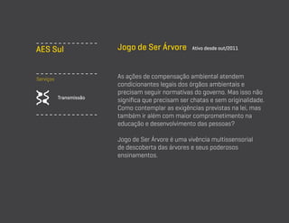 AES Sul
Serviços
Transmissão

Jogo de Ser Árvore

Ativo desde out/2011

As ações de compensação ambiental atendem
condicionantes legais dos órgãos ambientais e
precisam seguir normativas do governo. Mas isso não
significa que precisam ser chatas e sem originalidade.
Como contemplar as exigências previstas na lei, mas
também ir além com maior comprometimento na
educação e desenvolvimento das pessoas?
Jogo de Ser Árvore é uma vivência multissensorial
de descoberta das árvores e seus poderosos
ensinamentos.

 