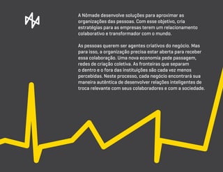 A Nômade desenvolve soluções para aproximar as
organizações das pessoas. Com esse objetivo, cria
estratégias para as empresas terem um relacionamento
colaborativo e transformador com o mundo.
As pessoas querem ser agentes criativos do negócio. Mas
para isso, a organização precisa estar aberta para receber
essa colaboração. Uma nova economia pede passagem,
redes de criação coletiva. As fronteiras que separam
o dentro e o fora das instituições são cada vez menos
percebidas. Neste processo, cada negócio encontrará sua
maneira autêntica de desenvolver relações inteligentes de
troca relevante com seus colaboradores e com a sociedade.

 