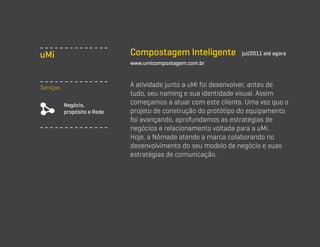 Compostagem Inteligente

uMi

jul/2011 até agora

www.umicompostagem.com.br

Serviços
Negócio,
propósito e Rede

A atividade junto a uMi foi desenvolver, antes de
tudo, seu naming e sua identidade visual. Assim
começamos a atuar com este cliente. Uma vez que o
projeto de construção do protótipo do equipamento
foi avançando, aprofundamos as estratégias de
negócios e relacionamento voltada para a uMi.
Hoje, a Nômade atende a marca colaborando no
desenvolvimento do seu modelo de negócio e suas
estratégias de comunicação.

 