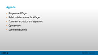 © 2015 IBM Corporation
Agenda
 Responsive XPages
 Relational data source for XPages
 Document encryption and signatures
 Open source
 Domino on Bluemix
 