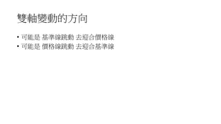 雙軸變動的方向
• 可能是 基準線跳動 去迎合價格線
• 可能是 價格線跳動 去迎合基準線
 