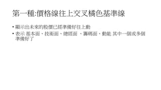 第一種:價格線往上交叉橘色基準線
• 顯示出未來的股價已經準備好往上動
• 表示 基本面、技術面、總經面 、籌碼面、動能 其中一個或多個
準備好了
 