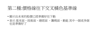 第二種:價格線往下交叉橘色基準線
• 顯示出未來的股價已經準備好往下動
• 表示 基本面、技術面、總經面 、籌碼面、動能 其中一個或多個
也是準備好了
 