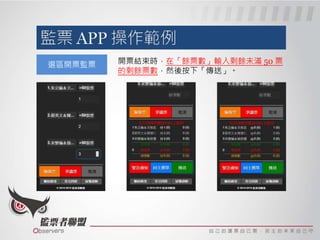 選區開票監票 開票結束時，在「餘票數」輸入剩餘未滿 50 票
的剩餘票數，然後按下「傳送」。
 