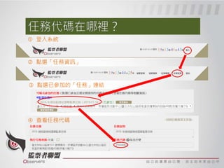  登入系統
 點選「任務資訊」
 點選已參加的「任務」連結
 查看任務代碼
 