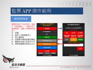 選區開票監票
開票所發生下列狀況時，請按
下「緊急通知」，依情形按下
對應按紐，並輸入相關補充資
訊：
 停電
 衝突（如肢體衝突）
 禁止攝錄影
 投開票所轉換時關門關窗
 轉換完成後不准民眾入內
 開票區離觀眾超過 2公尺
 