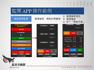 選區開票監票
 選擇選舉項目
 選擇選區
 按下「開始作業」
選擇選區、開啟計票畫面
 