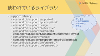 使われているライブラリ
• Support Library
• com.android.support:support-v4
• com.android.support:appcompat-v7
• com.android.support:design
• com.android.support:cardview-v7
• com.android.support:customtabs
• com.android.support.constraint:constraint-layout
• com.android.support:multidex
• com.android.support:support-emoji-appcompat
• com.android.support:preference-v7
• com.android.support:preference-v14
16
ざっくり…
・下位互換担保
・UI パーツ
が中心
 