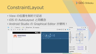 ConstraintLayout
• View の位置を制約で記述
• iOS の AutoLayout と同概念
• Android Studio の Graphical Editor が便利！
18
 
