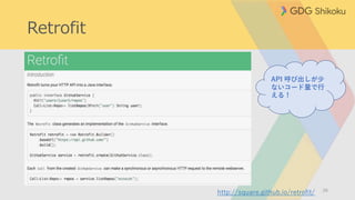 Retrofit
26
http://square.github.io/retrofit/
API 呼び出しが少
ないコード量で行
える！
 