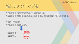 雑にリアクティブを
• 発信者：何かのきっかけで発信する。
• 購読者：発信を受けたら何かする。購読開始/終了ができる。
• 例）Twitter
• 発信者：朝飯なう。
• 購読者１：
• 購読者２：
31
購読開始
（フォロー）
購読開始
（フォロー）
 