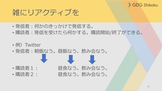 雑にリアクティブを
• 発信者：何かのきっかけで発信する。
• 購読者：発信を受けたら何かする。購読開始/終了ができる。
• 例）Twitter
• 発信者：朝飯なう。昼飯なう。飲み会なう。
• 購読者１： 昼食なう。飲み会なう。
• 購読者２： 昼食なう。飲み会なう。
35
 