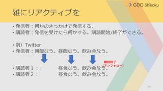 雑にリアクティブを
• 発信者：何かのきっかけで発信する。
• 購読者：発信を受けたら何かする。購読開始/終了ができる。
• 例）Twitter
• 発信者：朝飯なう。昼飯なう。飲み会なう。
• 購読者１： 昼食なう。飲み会なう。
• 購読者２： 昼食なう。飲み会なう。
36
購読終了
（アンフォロー）
 