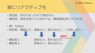 雑にリアクティブを
• 発信者：何かのきっかけで発信する。
• 購読者：発信を受けたら何かする。購読開始/終了ができる。
• 例）Twitter
• 発信者：朝飯なう。昼飯なう。飲み会なう。二日酔いなう。…
• 購読者１： 昼食なう。飲み会なう。
• 購読者２： 昼食なう。飲み会なう。
37
購読終了
（アンフォロー）
 