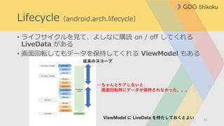 Lifecycle（android.arch.lifecycle）
• ライフサイクルを見て、よしなに購読 on / off してくれる
LiveData がある
• 画面回転してもデータを保持してくれる ViewModel もある
43
従来のスコープ
←ちゃんとケアしないと
画面回転時にデータが保持されなかった。。。
ViewModel に LiveData を持たしておくとよい
 