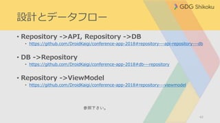 設計とデータフロー
62
• Repository ->API, Repository ->DB
• https://github.com/DroidKaigi/conference-app-2018#repository---api-repository---db
• DB ->Repository
• https://github.com/DroidKaigi/conference-app-2018#db---repository
• Repository ->ViewModel
• https://github.com/DroidKaigi/conference-app-2018#repository---viewmodel
参照下さい。
 