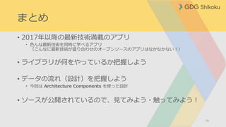 まとめ
• 2017年以降の最新技術満載のアプリ
• 色んな最新技術を同時に学べるアプリ
（こんなに最新技術が盛り合わせのオープンソースのアプリはなかなかない！）
• ライブラリが何をやっているか把握しよう
• データの流れ（設計）を把握しよう
• 今回は Architecture Components を使った設計
• ソースが公開されているので、見てみよう・触ってみよう！
78
 