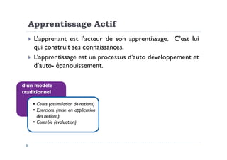 Apprentissage Actif
L’apprenant est l’acteur de son apprentissage. C’est lui
qui construit ses connaissances.
L’apprentissage est un processus d’auto développement et
d’auto- épanouissement.
5
 